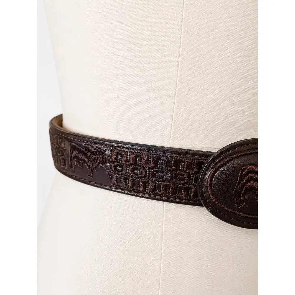 Vintage Brown Leather Embroidered Buffalo Western Belt Size 26 Boho